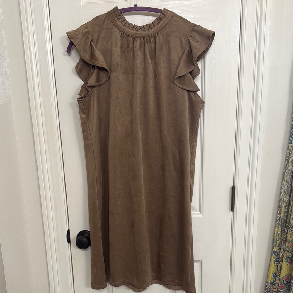 Versona Brown Sheath Dress with Mock Neck and Flutter Sleeves